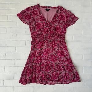 PAIGE Giannina Pink Floral Print Fit and Flare V neck Silk Dress sz M